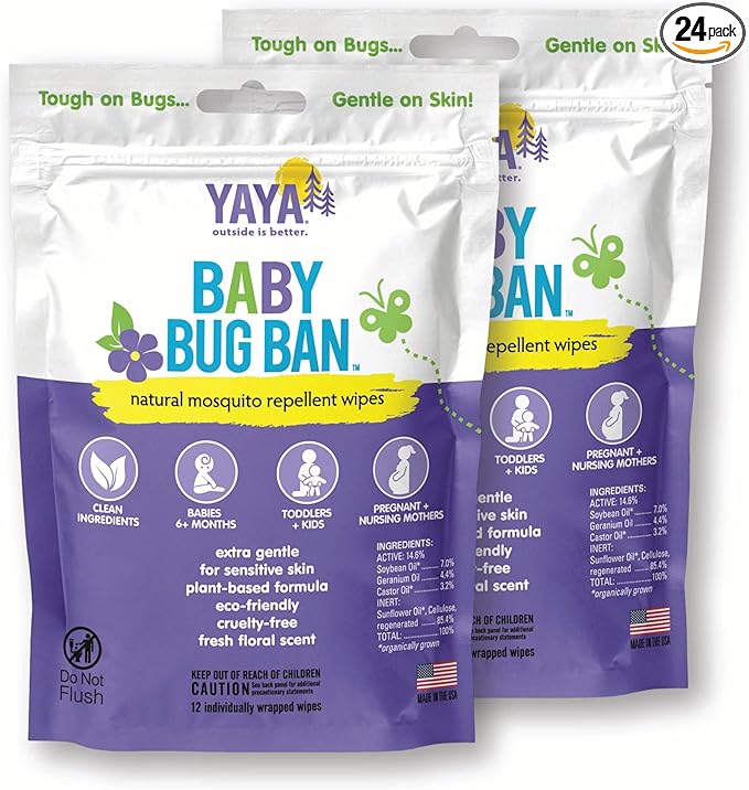 YAYA ORGANICS Baby Bug BAN Insect Repellent Wipes – All-Natural, DEET-Free, Non-Toxic, for Babies, Kids and Sensitive Skin (24 Count, Pack of 2)