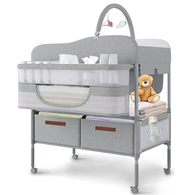 Baby Changing Table,Versatile Folding Changing Table,Waterproof/Foldable/Height Adjustable/Movable/with Silent Wheels/2 Drawers Diaper Changing Station,Mobile Nursery Organizer for Newborn Essentials