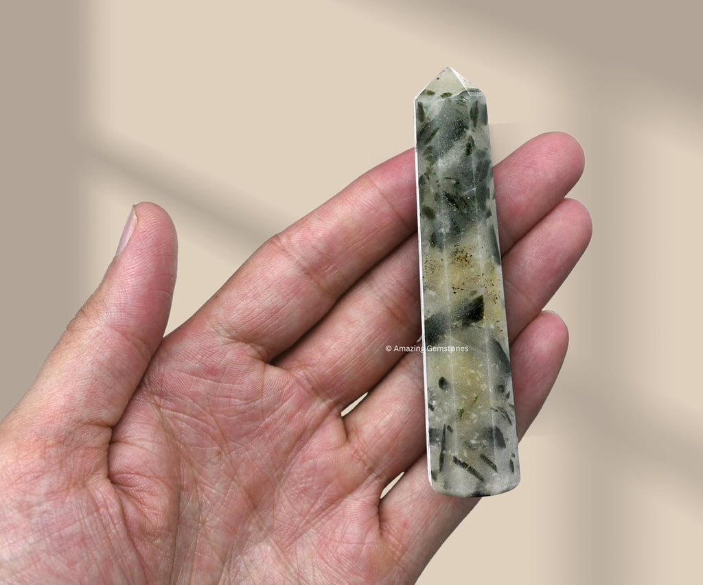 Amazing Gemstone Green Tourmaline in Quartz Crystal Towers - Natural Healing Crystal Point Obelisk for Reiki Healing and Crystal Grid (3 Inch)