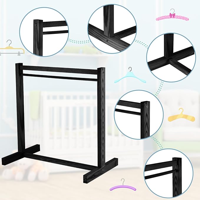 Civaner 11 Pcs Doll Garment Rack with Wooden Clothes Hanger for 18 Inch Girl Doll Clothes Mini Hangers Wardrobe Furniture Accessories for Dollhouse Baby Shower Supplies (Black)