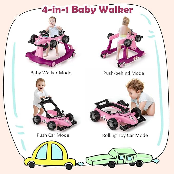 HONEY JOY 4-in-1 Baby Walker, Activity Push Walker w/3 Adjustable Heights, Smooth Wheels w/Adjustable Speed, Padded Seat, Music & Light, Foldable Car Walker for Baby Boys Girls Age 6 Months+ (Purple)