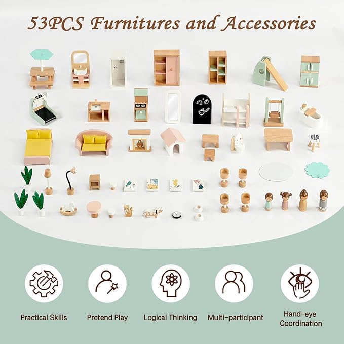 Wooden Dollhouse for Kids, Family Dollhouse with 53PCS Including Toy Figures, Furniture and Accessories, Ideal Gift for Kids Ages 3+