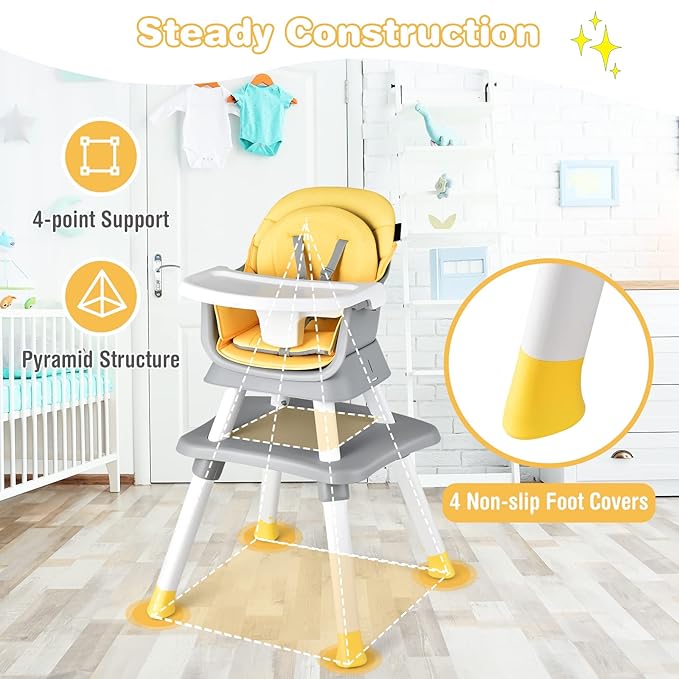 HONEY JOY 8 in 1 Baby High Chair, Convertible Highchair for Babies and Toddlers/Table and Chair Set/Building Block Table/Booster Seat/Stool/Toddler Chair with Safety Harness(Yellow)