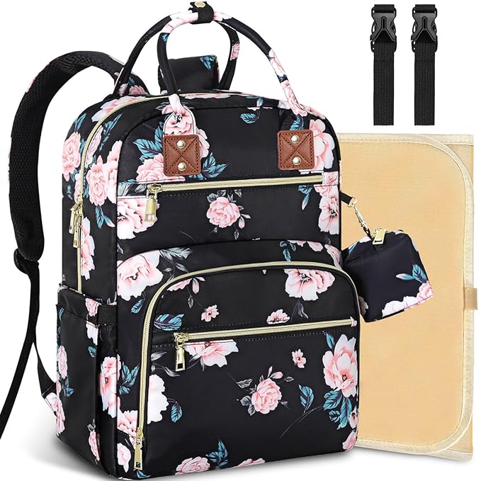 Baby Diaper Bag Backpack, Travel Diaper Bags for Girl Boy Large Capacity Baby Bag Backpack for Women Black Floral
