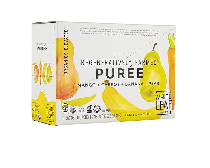 White Leaf Provisions Organic Purees / Baby Food Pouches - Fruits, Veggies & Grains, Toddler snack, Regeneratively Farmed, No Added Sugar, Non-GMO, BPA-Free Pouches 3.17 oz (Pack of 24, Mango + Carrot + Banana + Pear)