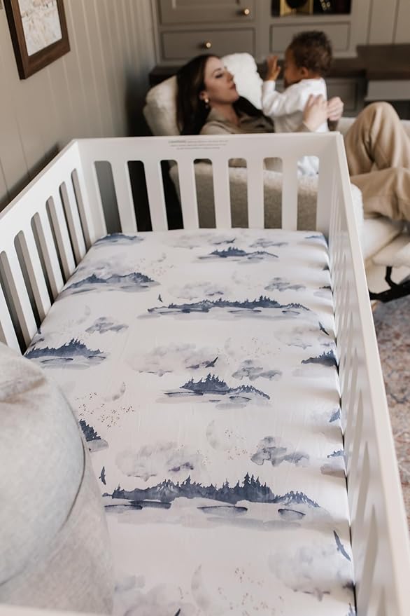 Oilo Crib Sheet, Breathable, Fitted, Turkish Cotton Jersey, 300 Thread Count, Machine Washable, Fits Standard Crib (28" x 52" x 6"), Toddler Bedding, Girl, Boy & Neutral Nursery Design, Misty Mountain