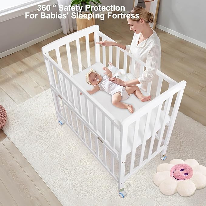 Baby Bassinets Bedside Sleeper - Portable Pine Wood Bedside Bassinet,6 Heights Small Mini Crib with Mattress,Space-Saving Design Baby Crib for Newborns,White