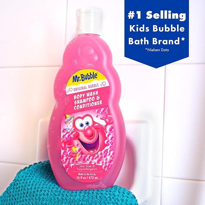 Mr. Bubble Kids Original 3in1 Shampoo, Conditioner, Body Wash – Hypoallergenic, Tear Free Bubble Gum Scented, Creates Big Bubbles In The Tub And Shower (Pack Of 2 Bottles, 16 fl oz Each)