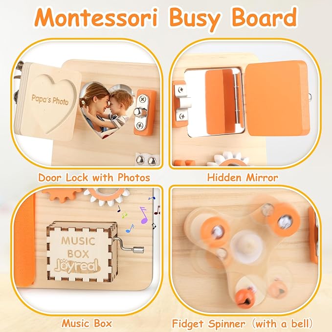 Joyreal Wooden Busy Board for Toddlers - Montessori Sensory Activity Board for Fine Motor Skills, Educational Travel Sensory Toys for Children Toddlers & Kids
