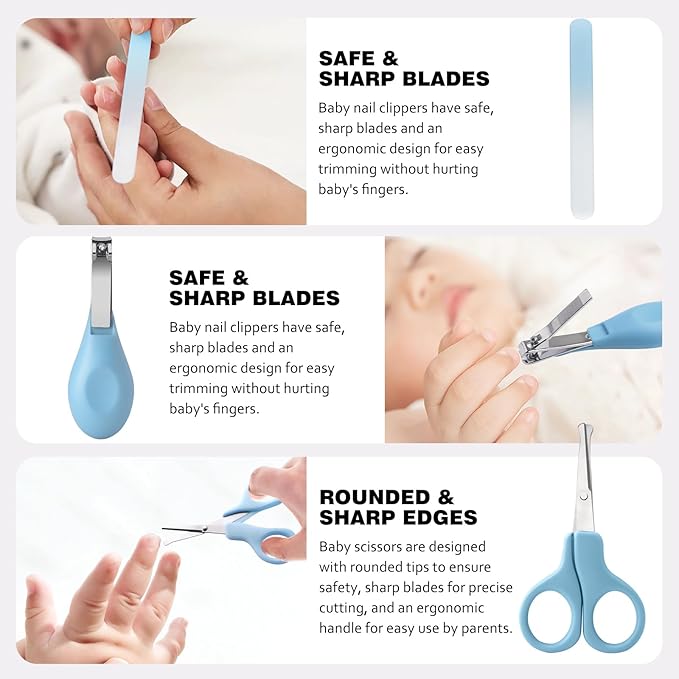 Baby Grooming Kit,Baby Health Care Kit,Baby Brush Soft Bristles 5 pcs Baby Nail Kit Nursery Care Kit Baby Hair Brush Hair Comb Nail Kit Safety Cutter Nail Clipper Set Blue