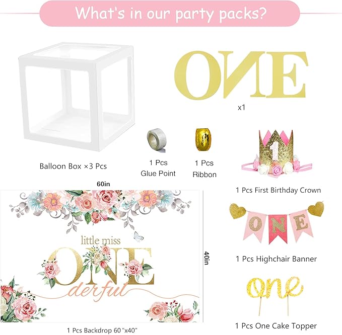 First Birthday Decorations Girl - 1st Birthday Baby Girl Decorations Include Balloons Box, Backdrop, Crown, Banner, High Chair Banner, Topper, Baby First One Year Old Girl Party Supplies