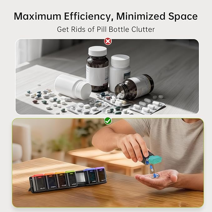 Weekly Pill Organizer Magnetic, Removable Pill Box 7 Day 1 Time a Day, Large Travel Pill Case, Week Once Daily Medication Dispenser, Medicine Container Holder for Supplement, Vitamin, Black