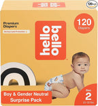 Hello Bello Diapers, Size 2 (10-16 lbs) Surprise Pack for Boys - 120 Count of Premium Disposable Baby Diapers, Hypoallergenic with Soft, Cloth-Like Feel - Assorted Boy & Gender Neutral Patterns