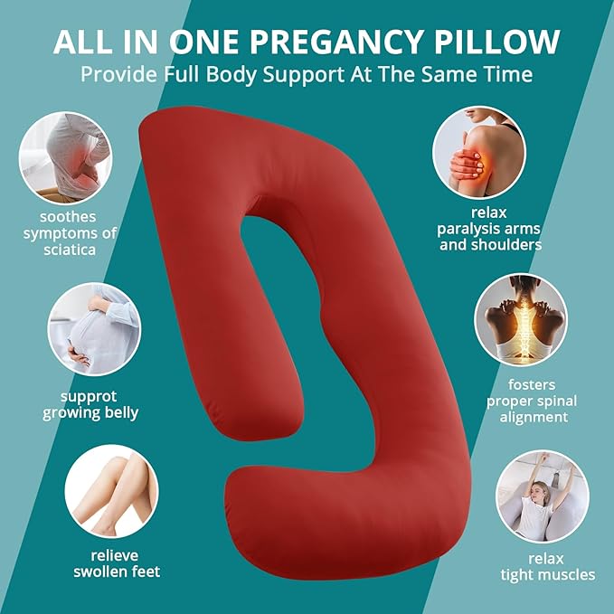 Sasttie Pregnancy Pillows for Sleeping, Jumbo U Shaped Cooling Full Body Pillow with Removable Cover, Pregnant Women Must Haves, Maternity Essential, Red