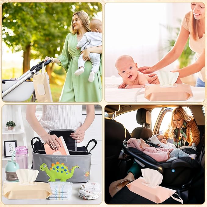 FEBSNOW 2 Pack Baby Wipes Dispenser, Portable Refillable Wipe Holder Baby Wipes Container Travel Wipes Case Reusable Wet Wipes Pouch (Cream, Pink)