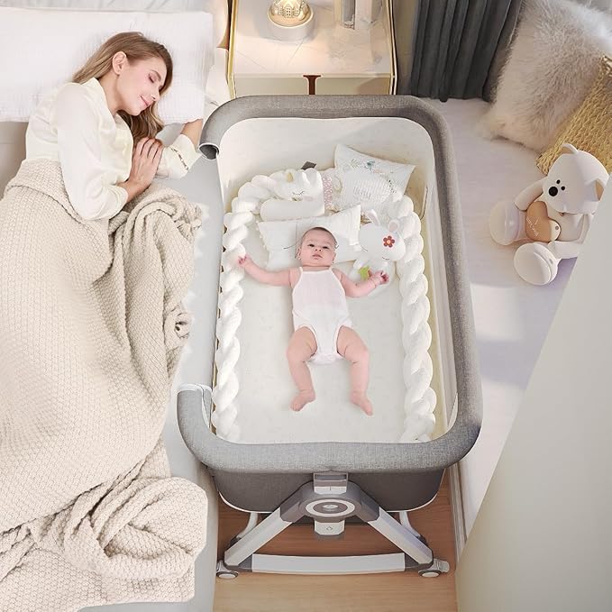 PandaEar Foldable Baby Bassinet Bedside Sleeper, Portable Crib with Wheels & Diaper Changing Table, Adjustable Height Infant Bed, Co-Sleeper for Newborns, Breathable Mesh