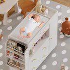 Nursery Dresser with Baby Changing Table, Modern Diaper Changing Station,Dresser for Nursery with 3 Drawers & Shelves, Storage Crib with Changing Table, White