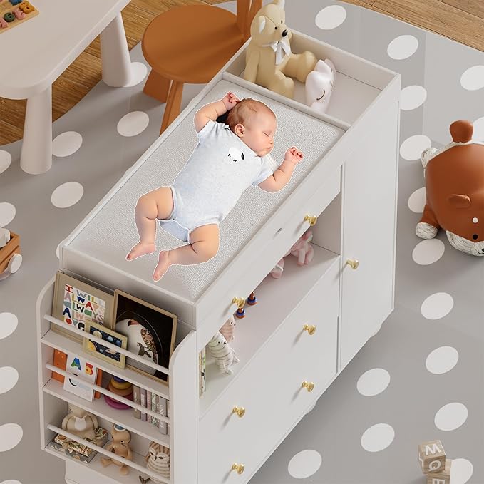Nursery Dresser with Baby Changing Table, Modern Diaper Changing Station,Dresser for Nursery with 3 Drawers & Shelves, Storage Crib with Changing Table, White