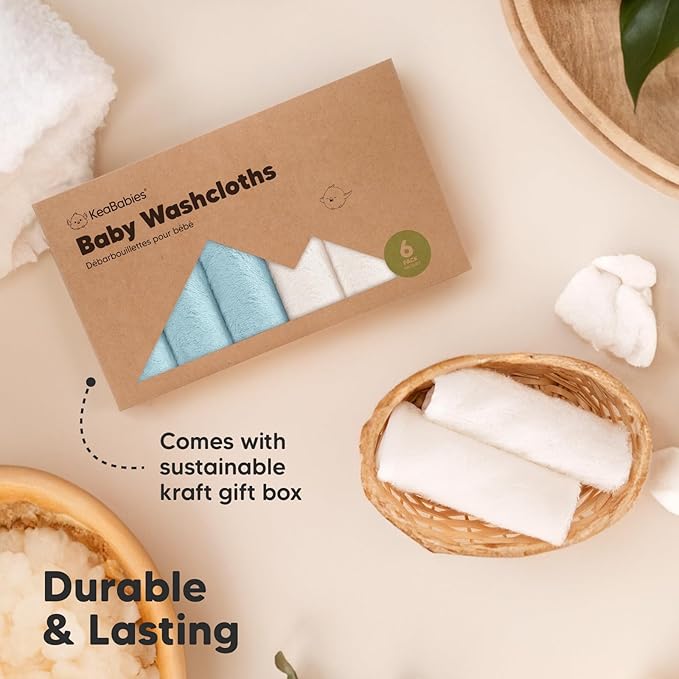 6-Pack Baby Washcloths - Soft Absorbent Viscose from Bamboo Wash Cloths for Babies, Kids, Toddlers, Infant, Newborn Bath Towels, Gentle on Sensitive Skin, 10x10 Reusable Face Towels (White/Sky)