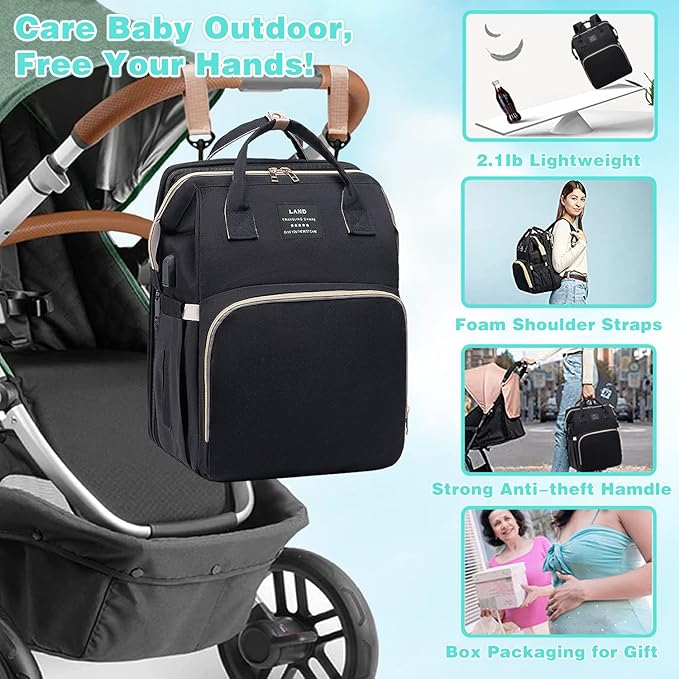 Diaper Bag with Changing Station,Diaper Bag Backpack,7 in 1 Travel Baby Diaper Bag,Mommy Bag With USB Charging Port (Black)