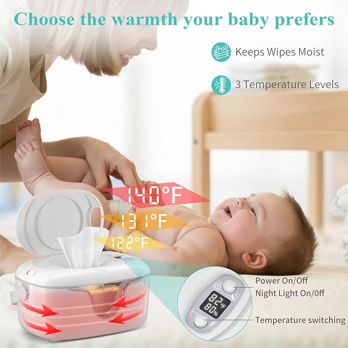 Portable Wipe Warmer and Wet Diaper Wipes Dispenser Cordless Battery Operated Travel Wetwipe Warmers Rechargeable with Nightlight Temperature Control