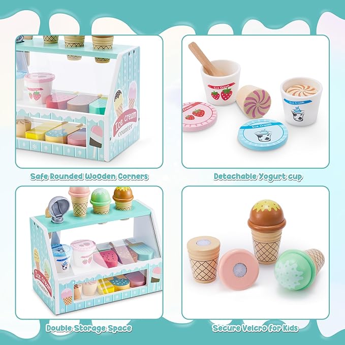WHOHOLL Wooden Ice Cream Counter Playset for Toddler Girl Toys, Play Store Pretend Toy Food Play Kitchen Accessories with Fake Money & Coin, Gifts for 3+ Year Old Kids (Green)