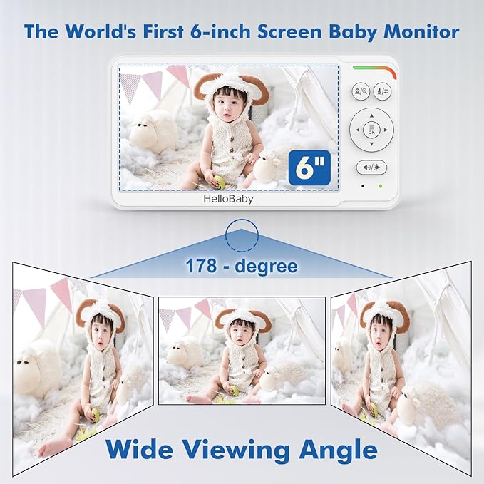 HelloBaby Baby Monitor with 6" World First IPS Screen 30-Hrs Battery, No WiFi Video Baby Monitor Camera and Audio, Remote Pan/Tilt/Zoom, ECO, VOX, 2-Way Talk, Night Vision, 1000ft, Portable for Travel