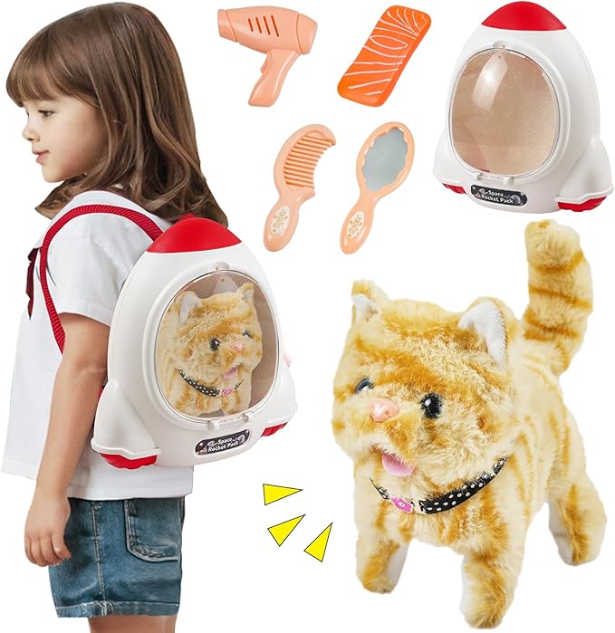 Walking Cat Toy for Kids with Backpack,Electronic Pet Puppy W/Walking&Barking,Interactive Plush Stuffed Toys,Puppy Pet Care Gifts for Girls Boys Toddlers 3 4 5 Year Old Boys