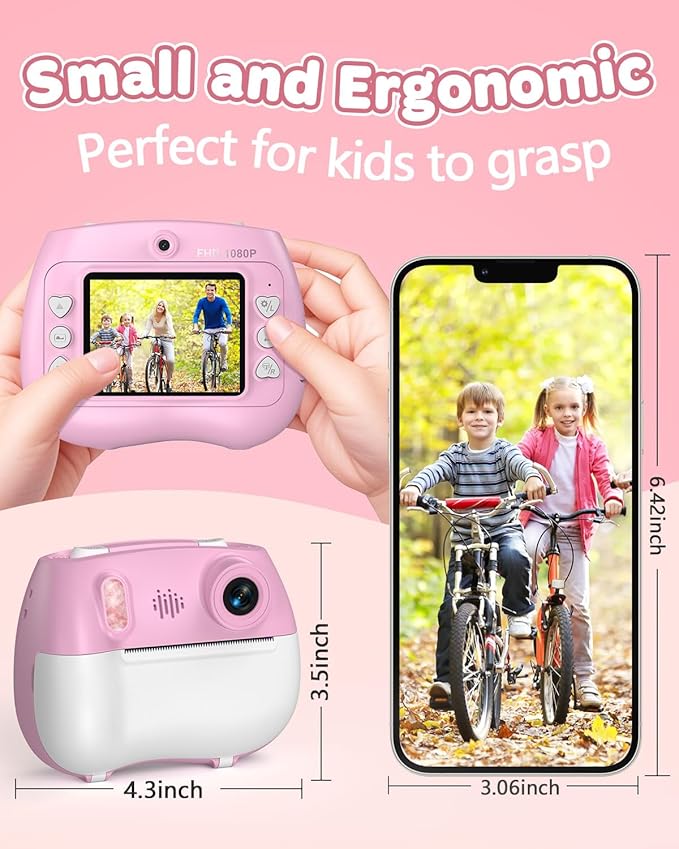 Kids Instant Print Camera Selfie Function - Front Rear Dual Kid Camera with 1080P Video for Girls Ages 3-12, Toddler Portable Travel Print Digital Camera for 3 4 5 6 7 8 9 10 11 12 Year Old Pink