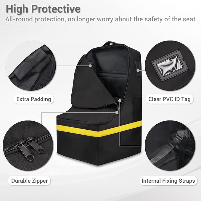 Car Seat Travel Bag - Padded, Comfortable, Durable, Roomy Gate Check Carseat Cover Backpack Fits 3-in-1，Convertible, Booster & Infant Car Seats for Airplane, Airport, Yellow