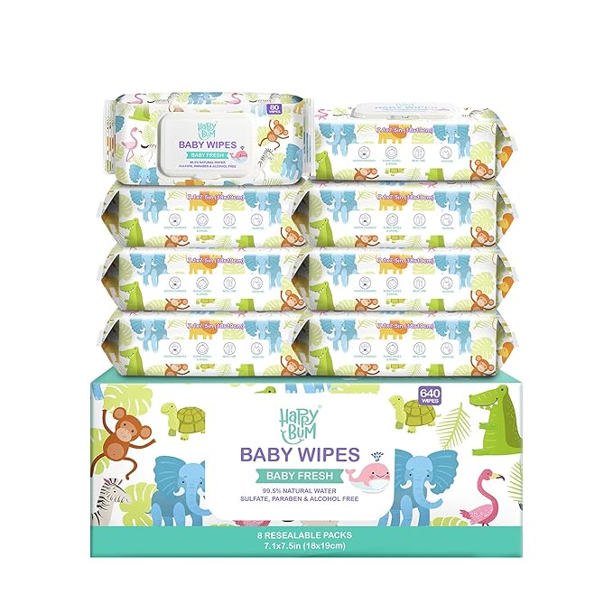 HAPPY BUM Baby Wipe Wet Wipes, Baby Wipes Unscented, 8 Packs, 640 Count