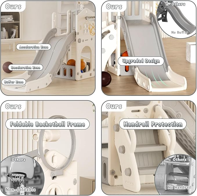 YUFU 5 in 1 Toddler Slide, Kids Slide with Climber, Basketball Hoop and Ball, Outdoor Indoor Playset for Toddlers Age 1-3 (Beige+Gray)