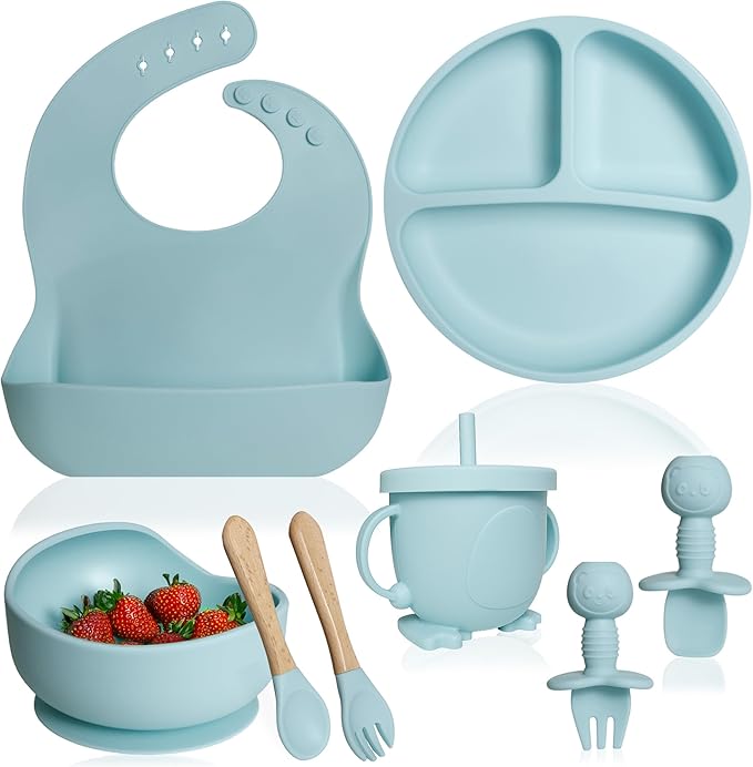 Bluet B- Silicone Baby Feeding Set - Baby Led Weaning Supplies - Baby Spoons, Suction Bowl - Plate - Baby Utensils Set - Silicone Feeding Set for Baby First Foods, Infant Eating - 8pcs - Light Blue