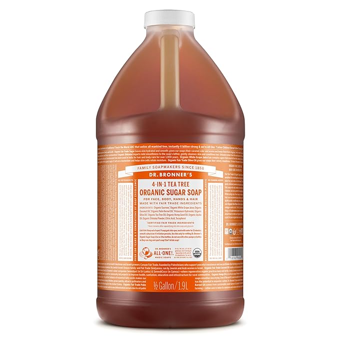 Dr. Bronner's - Organic Sugar Soap (Tea Tree, 64 Ounce) - Made with Organic Oils, Sugar and Shikakai Powder, 4-in-1 Uses: Hands, Body, Face and Hair, Cleanses, Moisturizes and Nourishes, Vegan