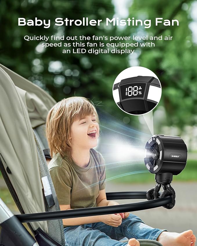 6000mAh Misting Fan for Stroller, 3 Speeds Portable Clip Fan with Intermittent/Continuous Spray, 14H Cooling, Detachable Mount, Timer & Night Light for Baby (100ML Water Tank) - Black