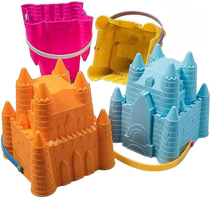 Sand Castle Building Kit, Beach Toys, Beach Bucket, Set of 4 Sand Castle Molds for Kids, Gift Toy for Ages 1 2 3 4 5 6 7 8 9, Older Kids and Toddlers, Sandcastle Building Kit Pail for Kids