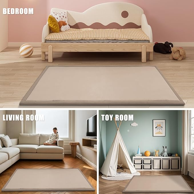 Baby Play Mat for Floor, 1.3" Thick Extra Large Cushioning Memory Foam Playpen Cushion, Soft Coral Velvet Tummy Time Mat with Non-Slip Backing, Child Nursery Rug for Toddlers, Kids (Beige, 79X59)