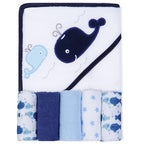 Viviland Baby Towels and Washcloths, Soft Absorbent Baby Boy Bath Towel Set, Whale Hooded Towels with 5 Infant Washcloths，(6 Pieces)