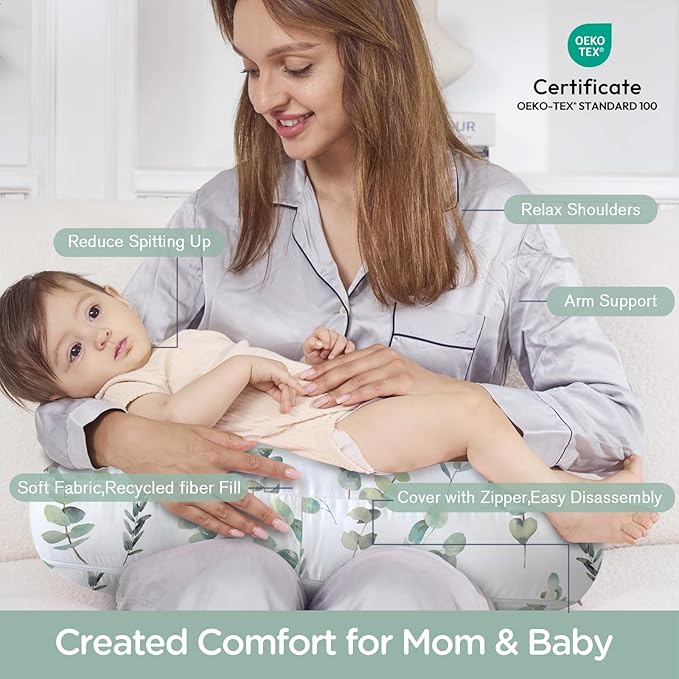 Little Grape Land Nursing Pillow,Upgraded Breast Feeding Pillow for Mom,Breastfeeding & Bottle Feeding for 0–17 Months, Soft Machine Washable Cover with firm breathable filling,Tummy Time,Green Leaves