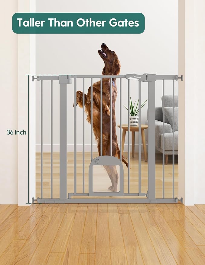 Babelio 36" Tall Upgraded Baby Gate with Cat Door,29-43" Auto Close Durable Dog Gate for Stairs,Doorways and House,Easy Walk Thru,Includes 4 Wall Cups,Gray