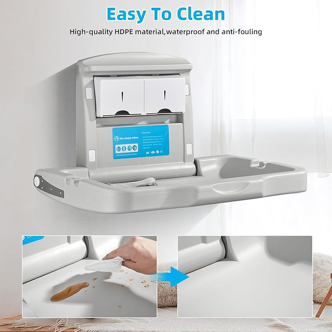 Fold-Down Baby Changing Diaper Station - Horizontal Wall Mounted, Sturdy & Durable with Safety Straps for Commercial Bathrooms, Granite