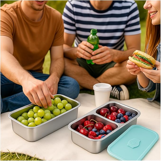 2 Pack Stainless Steel Snack Containers – Leakproof Reusable Bento Boxes with Lids for Food Storage, Travel, Work, Outdoor (Clear Lid/Silver Base, 1+2 Mixed)