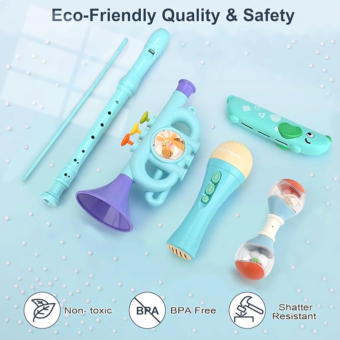 Musical Toys for 2 3 Year Old Boy Girl Birthday Gifts, 5 in 1 Montessori Musical Instruments for Toddlers 2-4 with Trumpet/Microphone/Flute/Harmonica, Preschool Learning Toys for Baby 18+ Months