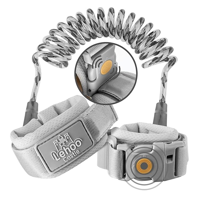 Lehoo Castle Toddler Leash Wrist, 4.9ft Kid Leash Wrist with Induction Lock, Anti Lost Wrist Link for Toddlers, Reflective Leash for Kids, Child Leashes for Toddlers (Grey)
