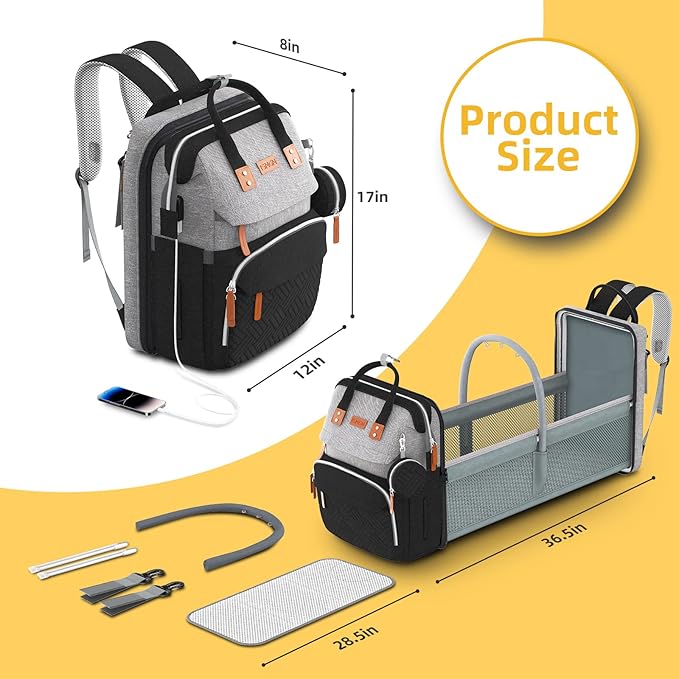 Diaper Bag Backpack with Changing Station, Multifunctional Diaper Bag, Extra Large Capacity, Baby Bag, GreyBlack