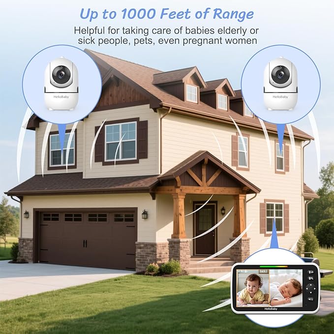 HelloBaby Baby Monitor 2 Cameras, 6'' World First IPS Split-Screen 30H Battery, No WiFi 2-Way Audio, Video, VOX, Double Cameras Pan-Tilt-Zoom, Night Vision, 8 Lullabies, 1000ft for Twins