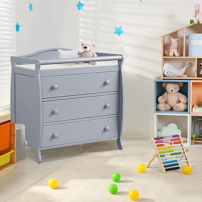 Costzon 3-Drawer Changing Table, Infant Diaper Changing Station with Drawers, Safety Rails & Strap, Baby Changing Table Dresser for Nursery, Easy Assembly (Gray)