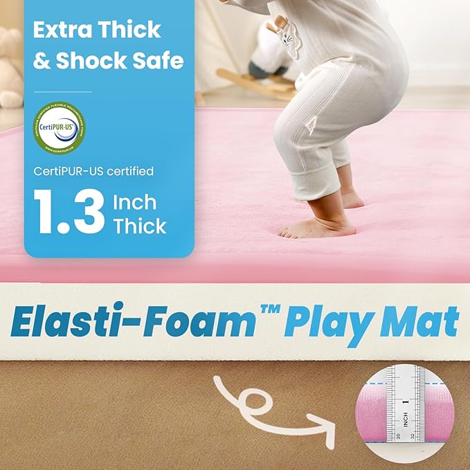 Baby Play Mat for Kids Room,Extra Thick Elasti-Foam Anti-Fall Cushion Mat for Babies,Toddlers,Infants,Water-Repellent&Non-Slip Bedroom Bedside Rugs(Pink)