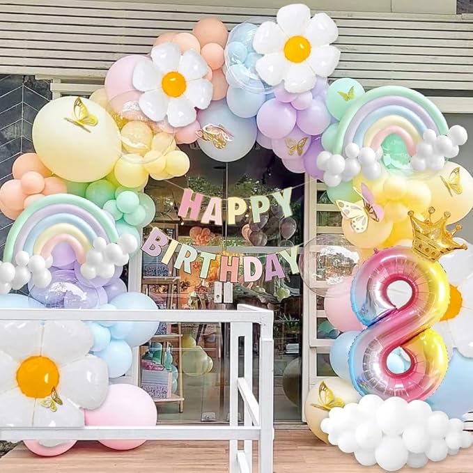 Pastel Balloons 8th Birthday Decorations for Girls, 219 Pastel Balloon Garland Kit with Flowers, Happy Birthday Banner, Cake Topper, 3D Butterflies, Number 8 Balloon for PastelBirthday Decorations