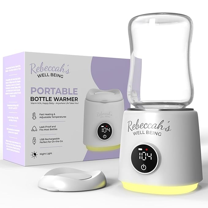 Portable Bottle Warmer for Travel with built in Nightlight, Fast 4 Heat Settings, Lightweight, Leak-Proof Design & Safe Rechargeable Baby Bottle Warmer for Breastmilk Formula or Water, Travel-Friendly